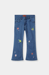 Girls Light Blue Flare Flower Embroidered Pant